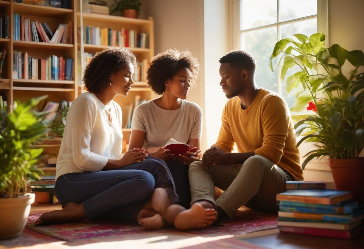 A serene couple sitting together in a sunlit room, engaged in a deep conversation about sexual health, surrounded by colorful books and plants symbolizing growth. Gentle warm lighting casts soft shadows, accentuating their candid expressions. Include subtle symbols of love and health, like a heart and a medical cross in the background. vibrant colors. soft focus. warm ambiance.