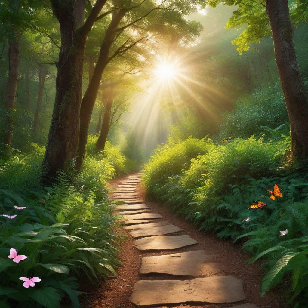 A winding path leading through a lush forest, symbolizing the journey to freedom and connection in relationships. Alongside the path, diverse couples are seen engaging in open conversations and sharing moments of affection, reflecting intimacy and understanding. Sunlight filters through the trees, casting a warm glow, while butterflies flutter in the air, symbolizing transformation and new beginnings. The overall ambiance is inviting and serene, encouraging exploration of love and connection. vibrant colors. super-realistic. peaceful atmosphere.