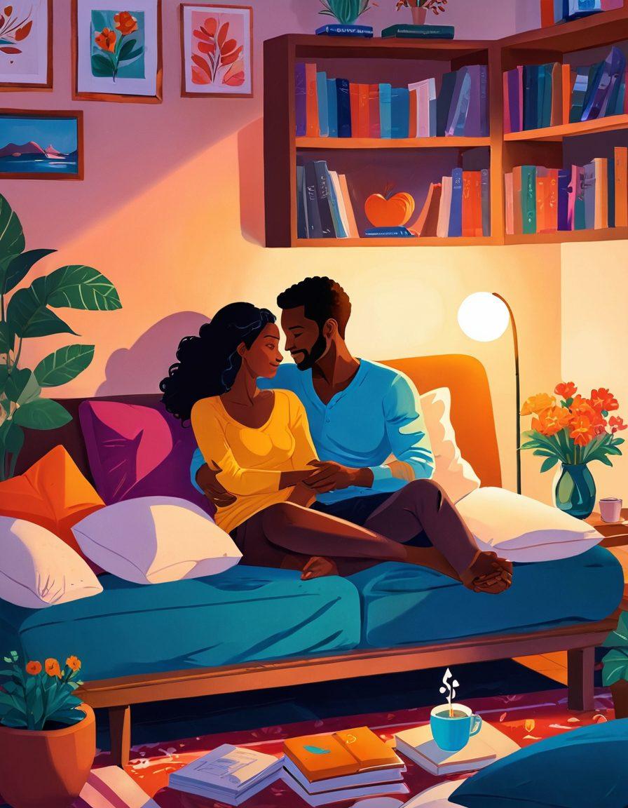 A vibrant, intimate scene of diverse couples in a cozy, warmly lit space, embracing and sharing connection. Include symbols of love and health like flowers and soft pillows, along with educational elements like books on sexual wellness. Capturing emotion, trust, and the beauty of modern relationships. bright colors. soft lighting. contemporary illustration.